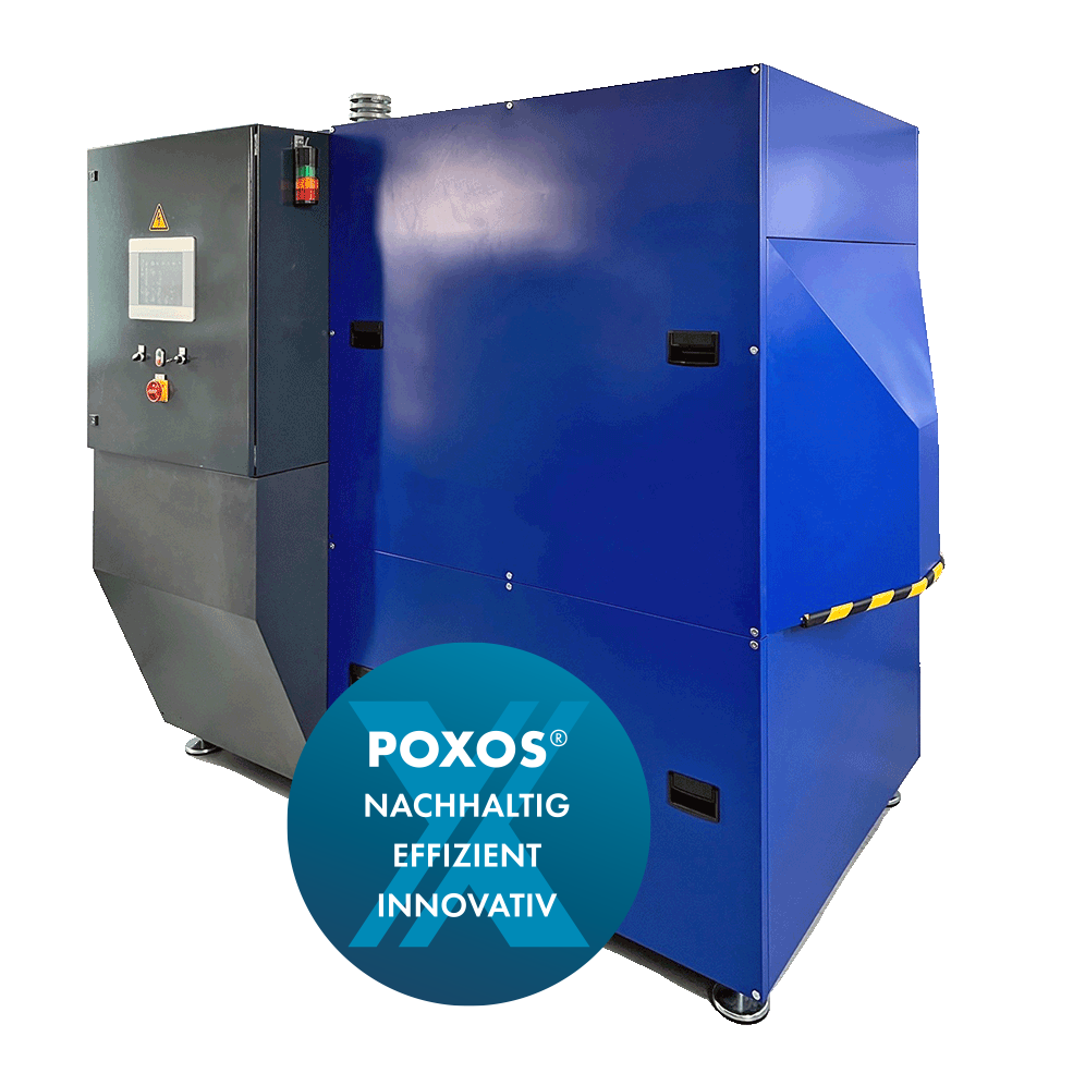 Blauer Prototyp eines Poxygen®-Sauerstoffgenerators mit Label „Nachhaltig, effizient, innovativ”